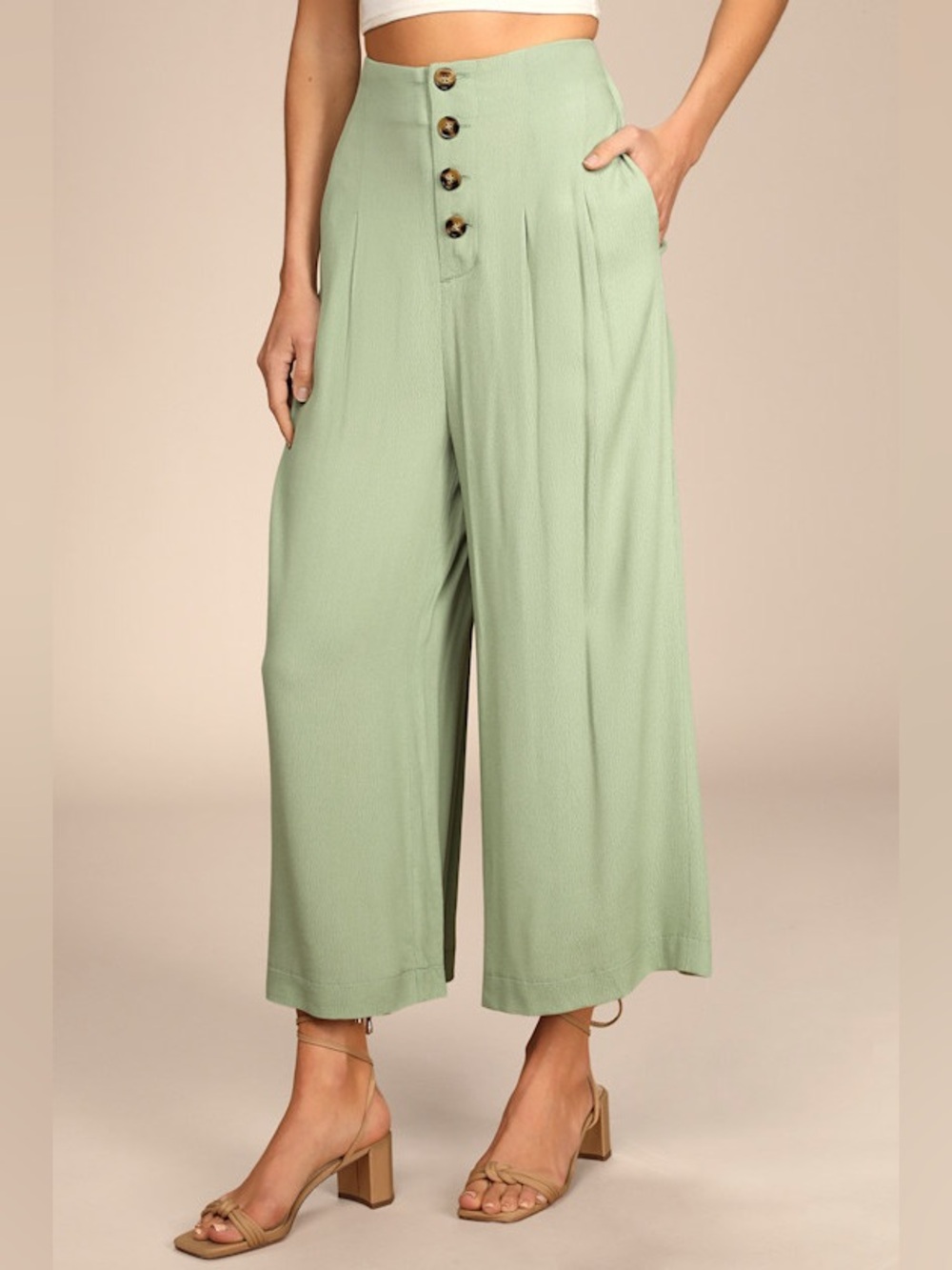 Like New! Lulu’s Stroll On Over Sage Green Button-Front Wide-Leg Pants